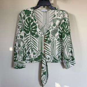 Maison d’Amélie Green Tropical Linen Blend Button Front Tie Waist Top M Medium